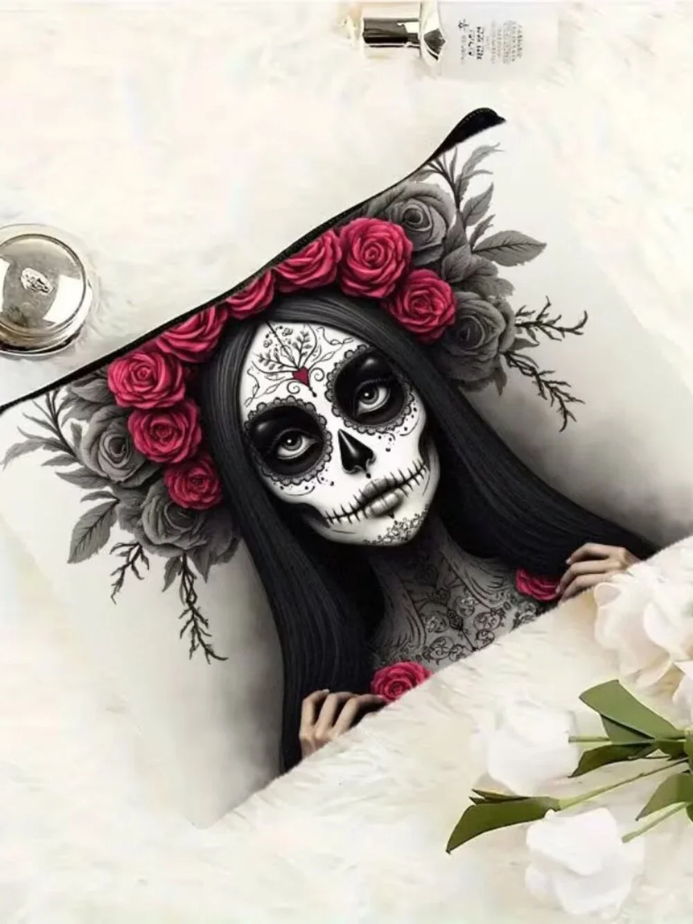 Halloween Dark Goth Mexican Sugar Skull Make Up Bag Double-Sided 6.3h